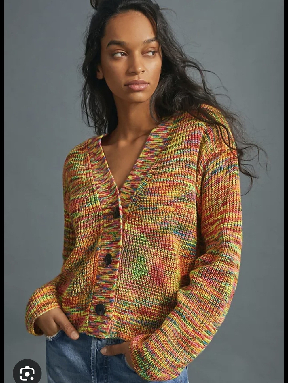 Multicolor Knit V-Neck Button Cardigan Sweater